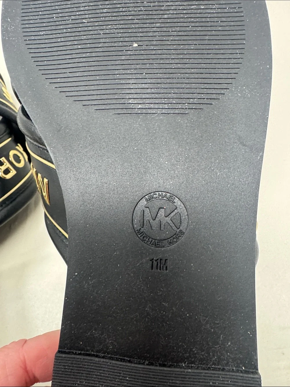 MK MICHAEL KORS GIDEON SLIDE WOMEN'S SHOES SIZE 11 CRISS CROSS GOLD BLACK SANDAL